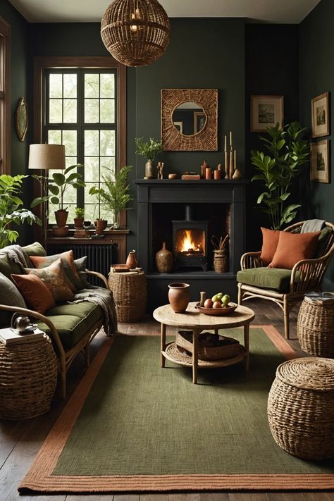 20 Dark Living Room Ideas – ToolzView Black And Brown Moody Living Room, Snug Decorating Ideas, Dark Bohemian Decor Living Room, Dark Paint Living Room Cozy, Moody Green Sitting Room, Moody Living Room Leather Sofa, Dark Vibes Living Room, Dark Moody Living Room Ideas, Earthy Dark Living Room