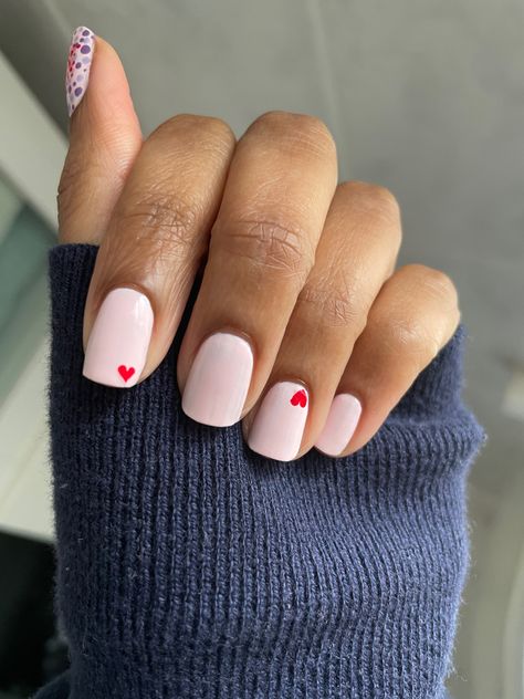 Pink Nails With Red Heart On Ring Finger, Pink Nails Red Heart, Heart Manicure, Ring Finger Nails, Red Gel Nails, Baby Pink Nails, Pink Manicure, Finger Paint, Heart Lights