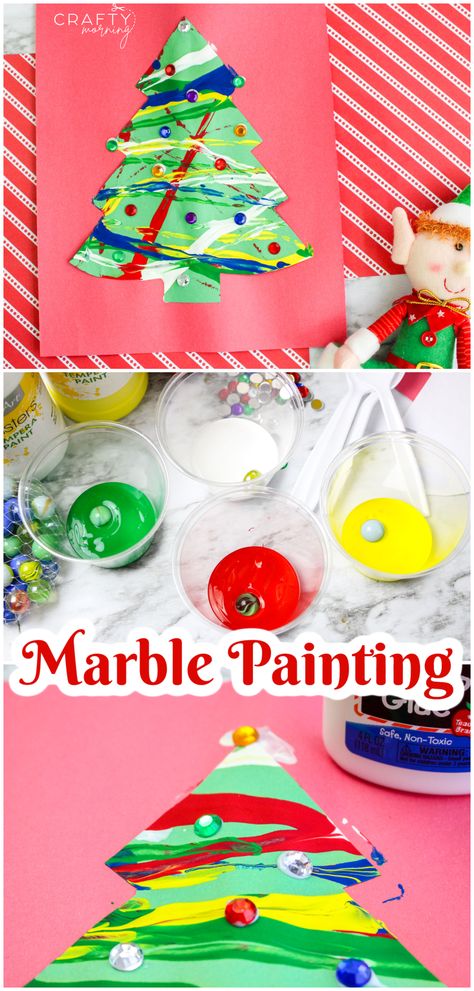 Marble Painting Christmas Tree Craft- easy kids craft. Christmas kids art project. Toddler preschoolers can do it. Simple xmas craft. Marble rolling painting idea. kids activity in winter time holidays Christmas Marble Painting For Kids, Christmas Art Work For Toddlers, Canvas Preschool Christmas Art, Paper Strip Christmas Tree Kids Crafts, Paint Chip Christmas Crafts, Christmas Tree Toddler Art, Process Christmas Art, Christmas Prek Art, Christmas Art Crafts For Toddlers