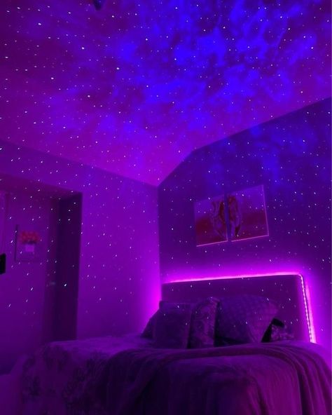 Quotes Night, Aesthetic Stars, Tiktok Room, Wallpaper Night, Bedroom Dark, Neon Bedroom, Led Lighting Bedroom, Chill Room, Neon Room