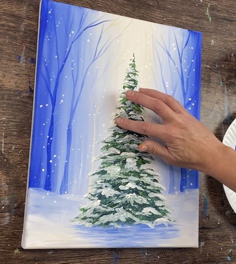 How To Paint A Christmas Tree On Canvas, How To Paint A Christmas Tree, Easy Christmas Tree Painting, Painting A Christmas Tree, Christmas Tree Painting Ideas, Snowy Forest Background, Paint A Christmas Tree, Tree Painting Easy, Diy Christmas Canvas