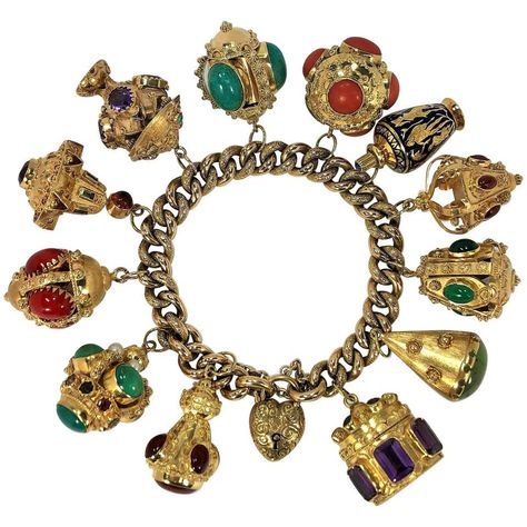 Midcentury Italian Gold Etruscan Revival Charm Bracelet with Assorted Color For Sale at 1stdibs Flexible Bracelet, Vintage Charm Bracelet, Gold Link Bracelet, Gold Charm Bracelet, Gold Collection, Pandora Jewelry, Gold Charm, Italian Charm Bracelet, Vintage Charms