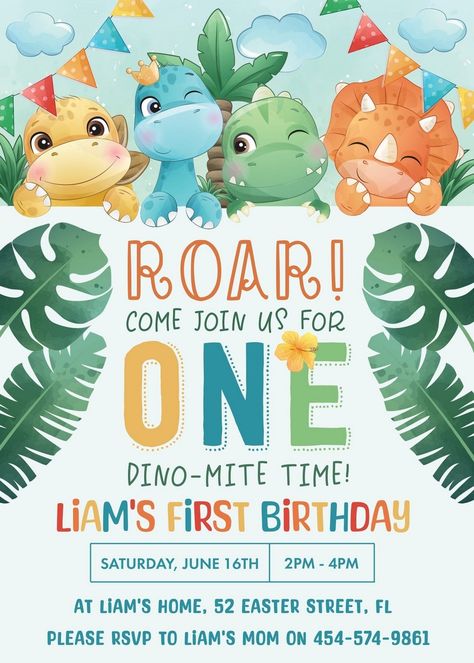 Adorable Kids Birthday Bash Invitations Dinosaur 1st Birthday Party Invitations, Dinosaur 1st Birthday Invitations, Dinosaur Themed Birthday Invitations, Dino Birthday Party Invitations, Birthday Theme For 1 Year Boy, Cute Dinosaur Invitations, Dinosaur First Birthday Invitations, One Dino Mite Party, One A Saurus Birthday Invitations