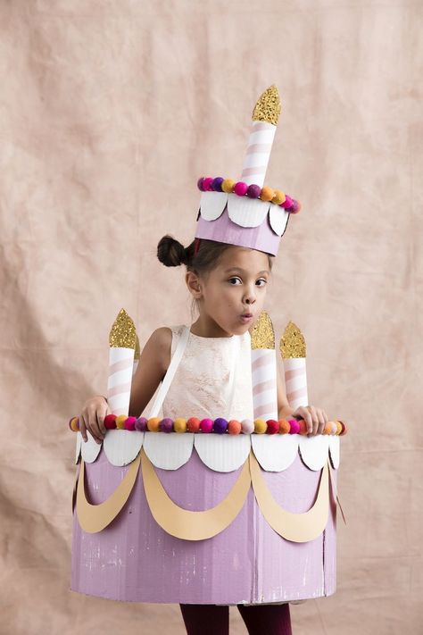 birthday cake costume | Mer Mag for Better Homes and Gardens Birthday Cake Costume, Cake Costume, Fancy Dress Costumes Kids, Homemade Costumes, Kids Dress Up, Fancy Dress For Kids, Fantasias Halloween, Purim, Diy Halloween Costumes