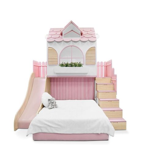 The Dolly Playhouse is designed with a motive to ensure complete fun for kids in the bedroom. Inspired by the infamous dollhouses, it has a staircase on one side and a slide on the other as a fun element for the little ones. Bedroom Design For Kids, Princess Castle Bed, Luxury Kids Furniture, Kid's Bed, Magical Bedroom, Kids Bed Design, Playhouse Bed, Castle Bed, Circu Magical Furniture