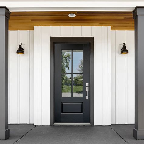 Black Door With Glass Panel, Black Door With Window, Modern Single Front Doors, Ranch Front Door Ideas, Fiberglass Front Doors With Glass Panels, Black Exterior French Doors, Modern Colonial Front Door, Black Door Exterior Front Entry, Farmhouse Black Front Door