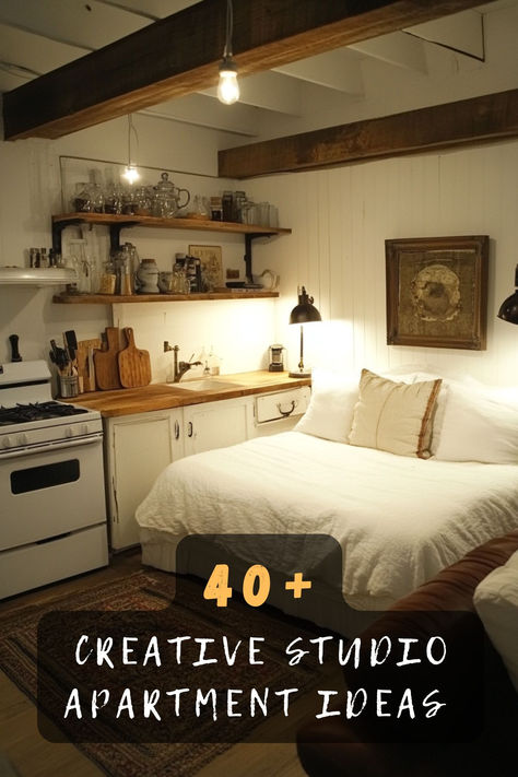 Maximize your small space with 40 creative studio apartment ideas. 🏢🎨 These innovative designs feature space-saving furniture, clever layouts, and stylish decor that transform your living area. Ready to revamp your studio? Click to explore all the creative ideas! #StudioApartments #SmallSpaces #SpaceSaving #CleverLayouts #StylishDecor Lofted Space Ideas, Home Ideas For Small Spaces, Bed Next To Kitchen Studio, Small Studio Inspiration, Kitchen Bedroom Studio Small Apartments, King Bed In Studio Apartment, Twin Bed In Studio Apartment, 540 Sq Ft Apartment, Studio Apartment Ideas Japanese