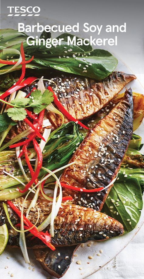 Try something new with your barbecue this summer. In this recipe, mackerel is coated in a sticky soy and ginger glaze, then grilled until the skin is crispy. Serve with barbecued pak choi, coriander and a squeeze of zingy lime. | Tesco Mackerel Fillet Recipes, Mackerel Recipe, Grilled Mackerel, Light Summer Meals, Mackerel Recipes, Lime Recipes, Ginger Sauce, Tesco Real Food, Wholesome Food