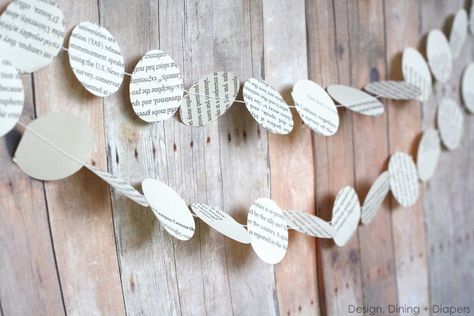 Book Page Garland By Design, Dining + Diapers Wedding Shower Banners, Book Page Garland, Paper Heart Garland, Party Girlande, Book Page Crafts, Upcycle Books, Heart Garland, Party Garland, Wedding Banner