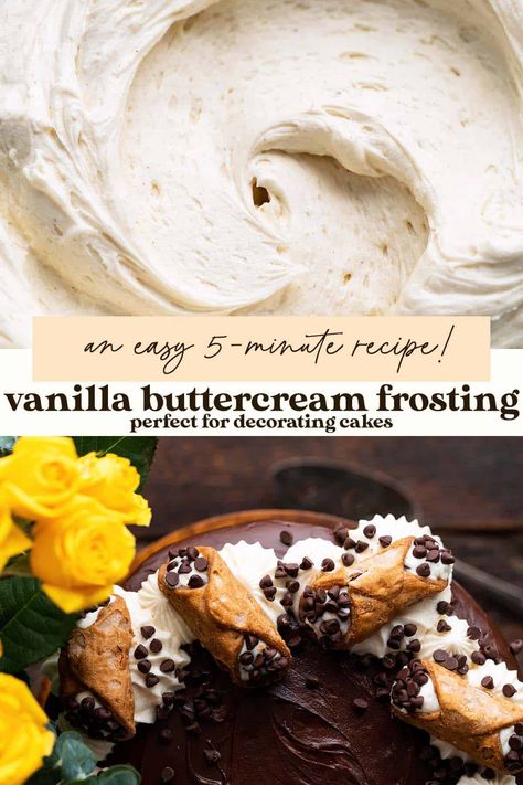 This quick, easy recipe for vanilla American buttercream is creamy, fluffy, and rich; it whips up in 5 minutes, and is the perfect frosting for cakes and cupcakes! Vanilla Buttercream Frosting For Piping, Easy Buttercream Frosting For Cupcakes, Easy Frosting Recipes, Vanilla Frosting Recipe, Vanilla Cake Frosting, Vanilla Buttercream Frosting Recipe, Fluffy Buttercream Frosting, Italian Cream Cake Recipe, Vanilla Frosting Recipes