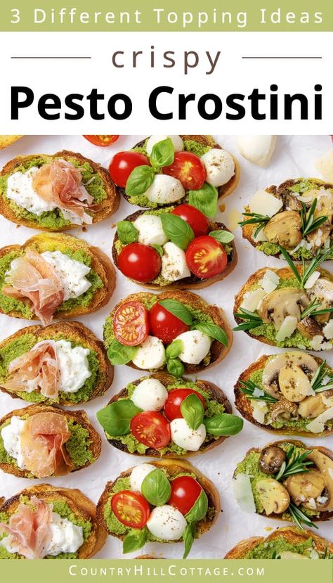 Pesto crostini are the easiest appetizer you’ll ever make. French baguette is baked to crisp perfection, slathered in delicious pesto, and piled with mouthwatering toppings. They are a great starter or appetizer that’s a favorite for parties! You can make the toppings with pea pesto, caprese, ricotta, roasted mushrooms, sundried tomatoes, pumpkin, arugula, shrimp and burrata. They come together quickly and disappear even quicker than you made them. Such a crowd pleaser! | CountryHillCottage.com Marinated Grilled Mushrooms, Italian Thanksgiving Recipes, Bruchetta Appetizers, Pesto Crostini, Pesto Appetizers, Crostini Toppings, Italian Thanksgiving, Chicken Saltimbocca, Crostini Appetizers