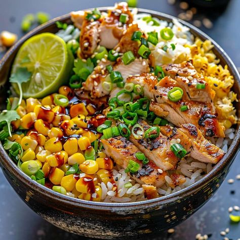 Street Corn Chicken Rice Bowl Recipe Grilled Chicken Rice Bowl, Street Corn Chicken Rice Bowl Recipe, Chicken Street Corn Bowl, Asian Chicken Bowl Recipe, Street Corn Rice Bowl, Street Corn Chicken Bowl, Sweet Corn Chicken Rice Bowl, Chicken Rice Bowls Mexican, High Protein Rice Bowls