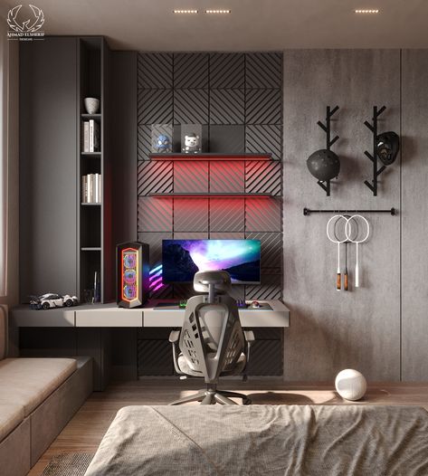 This sleek gaming bedroom blends design and function. A "Gamer Parking Only" neon sign adds a fun touch, while the comfy bed features a textured headboard and ambient lighting. The gaming setup includes a high-end PC, ergonomic chair, and geometric panels with red LED accents, creating a futuristic vibe. Functional wall hooks add a personal touch to this perfect gaming space.

#homeDecor #GamingBedroom #GamingRoom #BoyBedroom #modernBedroomDesign Gaming Room Bed, Pc Gaming Setup Bedroom, Gaming Bedroom Design, Bedroom Ideas For Gamers, Small Gamer Room, Small Gaming Bedroom, Gaming Bedroom Ideas Boys, Gamers Bedroom, Nerd Bedroom