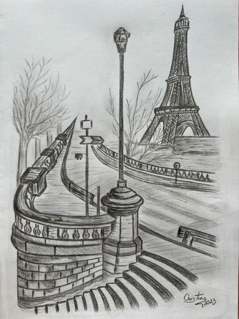 Places To Draw Easy, Sketching Scenery Pencil, Place Sketch Drawing, Drawing Of A Landscape, Best Nature Drawing, How To Draw Effiel Tower, Effile Tower Sketch, France Drawing Sketches, Paris Drawing Sketches Easy