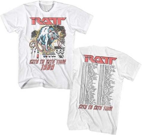 Our vintage Ratt concert t-shirt is from the band's 1989 City to City Tour. Performed to promote their album Reach for the Sky, this tour wasn't successful as the musical landscape was changing from that of glam metal to a rawer sound. Made from 100% white cotton with washed out graphics for a vintage look, this men's unisex tee shows an image of a rat on top of a mixing board, on the front, while the back lists the tour dates and cities. #ratt #stephenpearcy #bandtees #rockerrags Metal Concert, Rock Concert, Vintage Rock, Rock T Shirts, Concert Tees, Concert Tshirts, Tour Dates, Rock Band, Music Bands