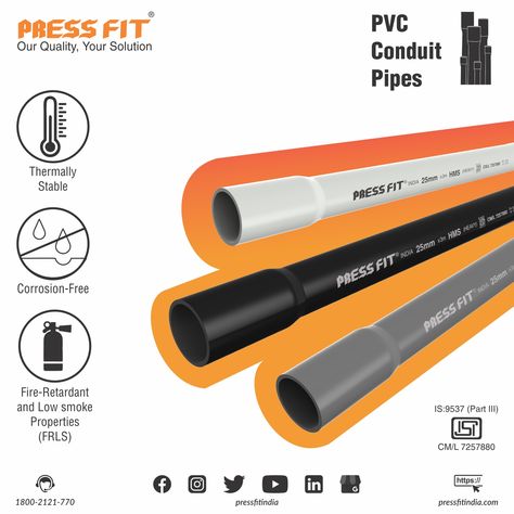 PVC is one of the most commonly used plastic polymers for the installation of electrical wires and cables. In Press Fit, PVC conduit pipes are available in both rigid and flexible form with properties such as fire-retardant and corrosion-free at an affordable price. #pressfit #pvcconduitpipes #electricalpipes #conduitpipes #pvcpipes #electricalconduitpipes Pvc Conduit, Wires And Cables, Cpvc Pipe, Electrical Wires, Electrical Conduit, Essential Accessories, Junction Boxes, Car Advertising, Cable Ties