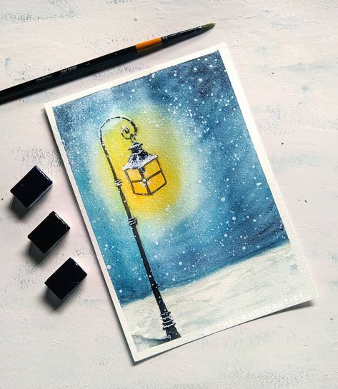 Watercolor | watercolour | watercolor tutorial | watercolor painting | watercolor art | artwork | inspiration | ideas | easy | arte | process | video | night | simple | stars | aesthetic | blue | lamppost Watercolor Light, Stars Aesthetic, Rough Time, Light Post, Artwork Inspiration, Watercolor Tutorial, Watercolor Video, Winter Watercolor, Winter Painting