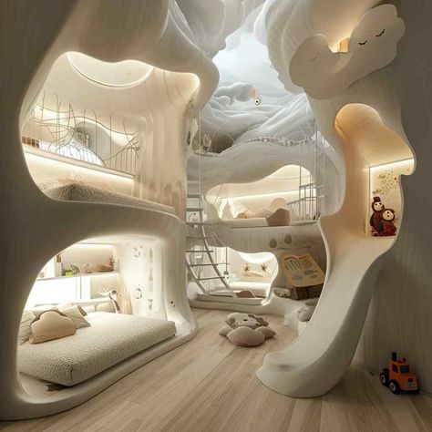 Playful House Interior, Bedroom For 4 Kids, Persephone Bedroom, Dream Kids Bedroom, Amazing Kids Bedrooms, Bed Ideas Cozy, Treehouse Bedroom, Childhood Room, Luxury Kids Bedroom