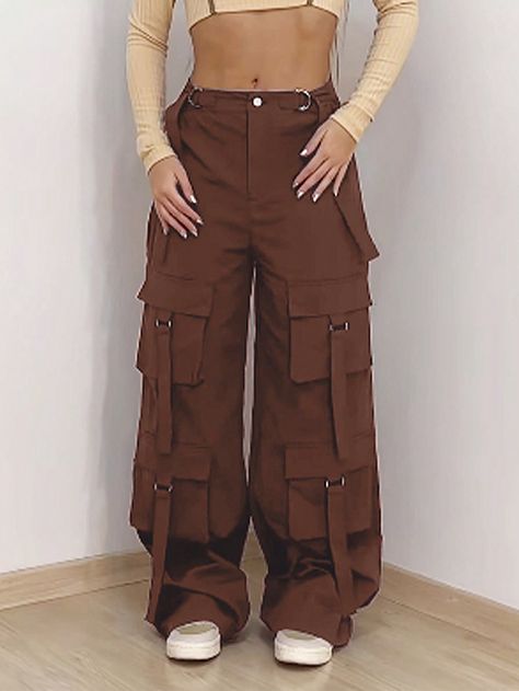 Café integral Casual Collar  Tela tricotada Liso Pantalones cargo Embellished No-Elástico Cotton Cargo Pants Outfit, Brown Cargo Pant, How To Make Cargo Pants, Cargo Style, Cargo Pants Brown, Brown Cargo Trousers, Brown Cargos, Cargo Pants Outfits Women, Fancy Pants Outfit