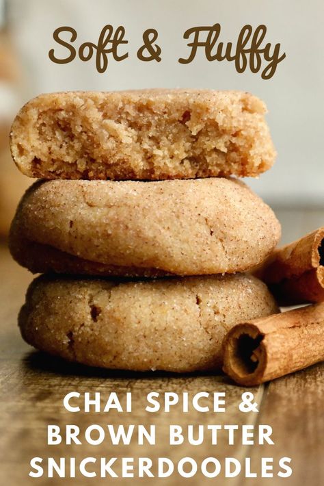 Chai Spice Brown Butter Snickerdoodles, Soft Chewy Cookie Recipes, Brown Sugar Chai Cookies, Turmeric Cookie Recipes, Chiltepin Recipe, Staging Cookie Photos, Chai Baked Goods, Chai Snickerdoodle Cookies, Almond Baking Recipes