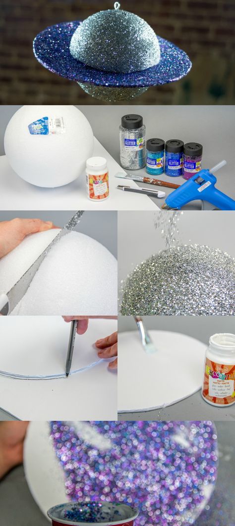 Planet Diy Crafts, Styrofoam Planets Diy, Diy Spaceship Decoration, 3d Saturn Planet Project, Outer Space Party Decorations Diy, Space Decorations Galaxy Diy, Diy Space Themed Decorations, Diy Outer Space Decor, Space Diy Decorations