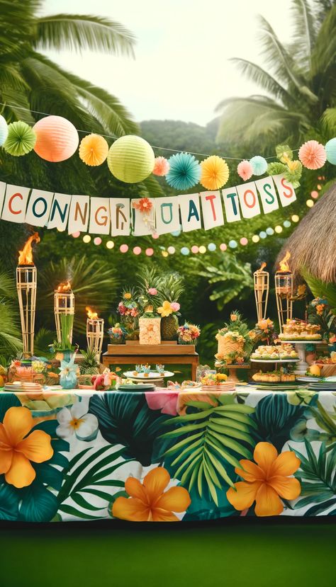 🎓 21 Stunning Graduation Decoration Ideas to Celebrate Your Big Day in Style! 🎉 Hawaiian Party Decor Ideas, Tropical Island Decor Ideas, Lau Theme Party, Beach Graduation Party Ideas, Carribean Party Theme, Anniversaire Theme Tropical, Island Theme Party Decorations, Tiki Birthday Cake, Classy Hawaiian Theme Party