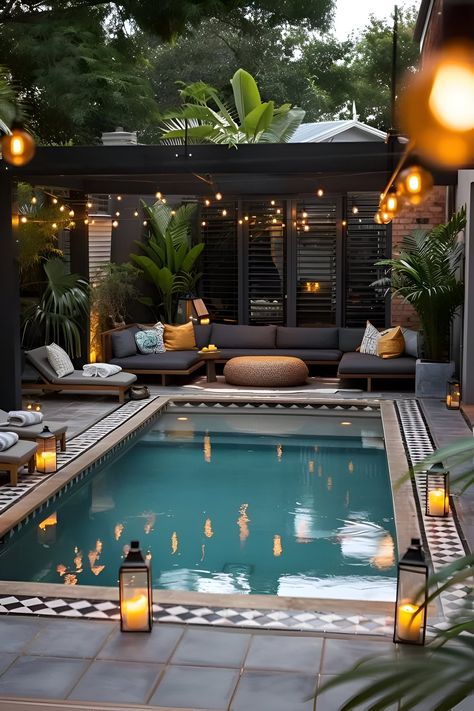 Backyard Landscaping Small Pool, Small Pool Garden Ideas, Backyard Ideas With Small Pool, Tiny House Patio Outdoor Spaces, Small Backyard With Inground Pool, Small Gardens With Pool, Luxury Small Backyards, Outdoor Patio Ideas Pool, Landscape Pool Backyard