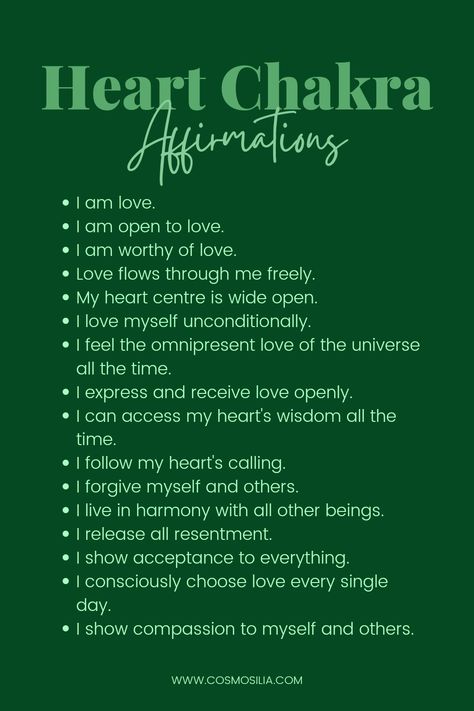 Heart Chakra Affirmations Chakra Healing Meditation, The Heart Chakra, Chakra Health, Heart Chakra Healing, Chakra Affirmations, Healing Affirmations, Energy Healing Spirituality, Chakra Yoga, Spiritual Manifestation