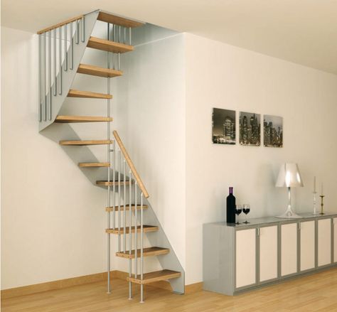 6 useful stair designs with a smaller footprint... could also be used from the basement to the master suite Pod Living, Small Space Stairs, Scale Loft, Small Space Staircase, Space Saving Staircase, Loft Extension, Loft Staircase, Small Staircase, Tiny House Stairs