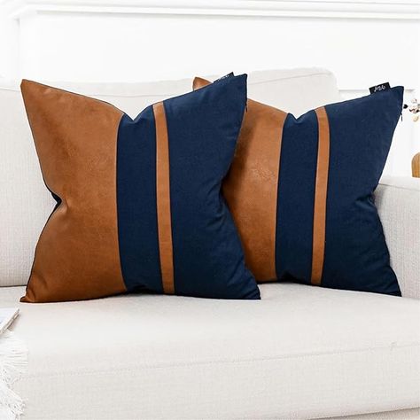 Amazon.com: Vfuty Set of 2 Navy and Brown Decorative Throw Pillow Covers 18x18 Inch Faux Leather and Cotton Patchwork Pillow Cover,Modern Farmhouse Accent Pillow Case for Living Room Couch Bed Boho Decor : Home & Kitchen Brown Leather Couch Navy Accent, Leather Accent Pillows Living Room, Throw Pillows For Navy Blue Sofa, Dark Blue And Leather Living Room, Navy Bedroom Men, Navy Blue Accent Decor, Navy Gray Rust Living Room, Navy Blue Orange Living Room, Navy Cognac Living Room