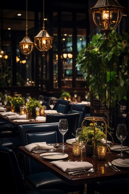 Elegant restaurant interior with dark wood tables and chairs green plants and glowing lanterns | Premium AI-generated image Fine Dining Restaurant Decor, Dark Restaurant Interior Design, Restaurant Table Decor Ideas, Green Interior Restaurant, Dark Academia Restaurant, Dark Green Restaurant, Dark Restaurant Interior, Moody Restaurant Interior, Bar Design Restaurant Lounge