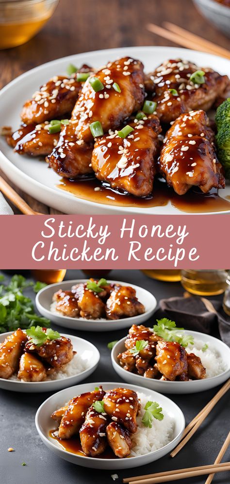 Sticky Honey Chicken is a delightful dish that combines the sweetness of honey with the savory goodness of tender chicken. This recipe is not only delicious but also incredibly versatile, making it a great choice for family dinners, special occasions, or meal prep. The glossy, sticky glaze adds an irresistible finish, creating a dish that’s both comforting and satisfying. Sticky Glazed Chicken, Sticky Chicken Sauce Recipe, Sticky Fried Chicken, Healthy Glazed Chicken, Honey Chicken With Rice, Honey Chicken Glaze Recipe, Sticky Thai Chicken, Gluten Free Honey Chicken, Pei Wei Honey Seared Chicken