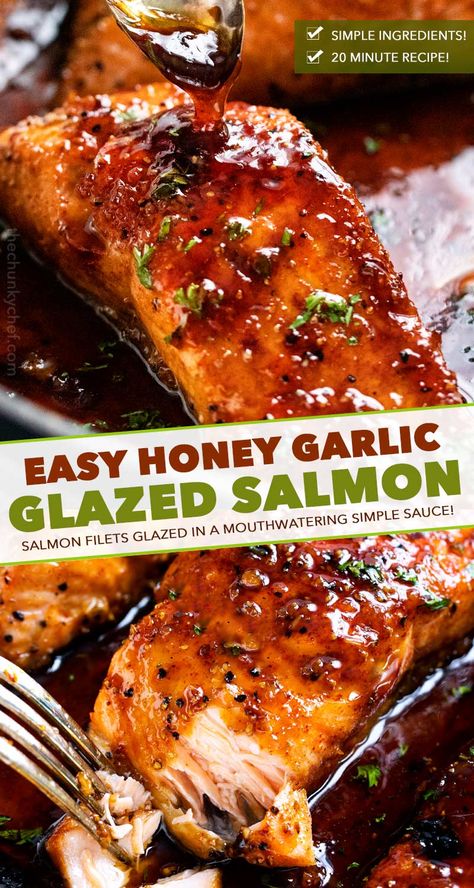 HONEY GARLIC SALMON - Succulent and tender salmon filets cooked in a mouthwatering simple honey garlic sauce, then broiled until sticky and caramelized.  Made with simple ingredients, in one pan, and in just 20 minutes! #salmon #honeygarlic #onepan #easyrecipe #dinner #seafood #fish Honey Garlic Salmon Recipes, Garlic Salmon Recipes, Easy Honey Garlic Salmon, Honey Garlic Glazed Salmon, Salmon On The Stove, Honey Salmon Recipes, Honey Baked Salmon, Honey Glazed Salmon Recipe, Salmon Recipes Oven