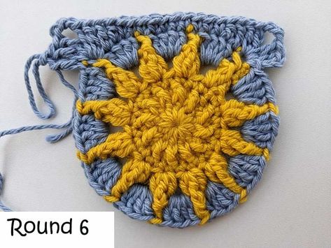 Crochet Sun Motif, Circle To Square Crochet, Cloud Granny Square Pattern Free, Half Sunburst Granny Square, Sun Burst Granny Square Free Pattern, Spiral Sun Granny Square, Sunburst Crochet Granny Square, Spiral Granny Square Pattern Free, Crochet Sun Granny Square Free Pattern