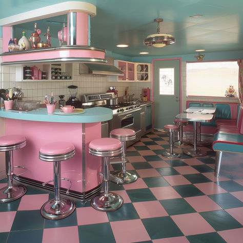 Diner Kitchen Aesthetic, Cute Retro Kitchen, Retro 50s Aesthetic, 50s Candy Shop, 80s Diner Interior, Retro Diner Kitchen, Pink Diner, 50s Diner Exterior, 50s Diner Kitchen