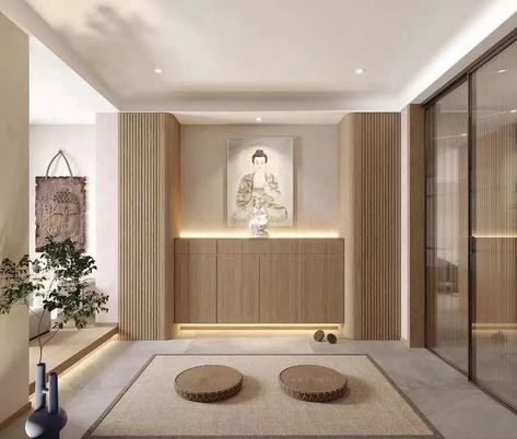 Buddha Room Design, Small Meditation Room, Meditation Room Design, Buddha Wall Decor, Tatami Floor, Altar Design, Meditation Rooms, Zen Room, Japanese Home Decor