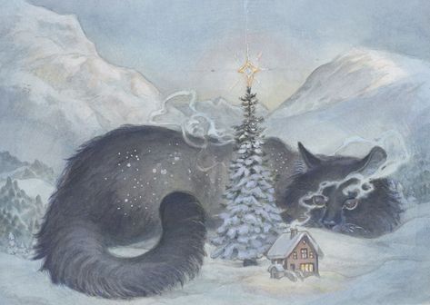 Yule Cat Art, Yule Aesthetic Pagan, Winter Solstice Aesthetic, Yule Art, Animals In Art, Christmas Witch, Yule Cat, Happy Solstice, Arches Watercolor Paper