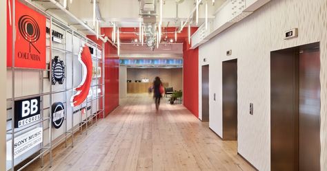 Inside Sony Music’s in-house creative agency Agency Office, Elevator Lobby, British Interior, Art Deco Buildings, Record Company, Pine Floors, Office Snapshots, Universal Music Group, Reclaimed Pine