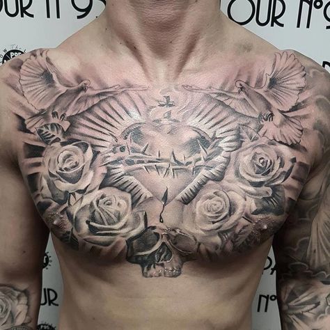 Sacred Heart Chest Tattoo Men, Juncha Tattoo, Best Chest Tattoos For Men, Tattoo Peito, Tattoo Healing Process, Family Tattoos For Men, Full Chest Tattoos, Sacred Heart Tattoos, Religious Tattoo