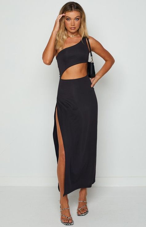 Summer Style Trends…. | The Thrill of the hunt Dress With One Leg Out, One Shoulder Cut Out Dress, Black Dress With Gold Accessories, Outfit Casamiento, Black Cut Out Dress, Simple Heels, Black One Shoulder Dress, Cut Out Maxi Dress, Heels Gold