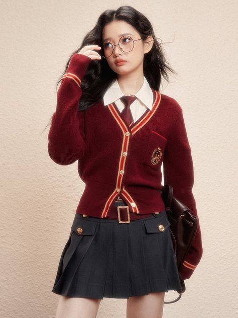 Gryffindor Uniform, Gryffindor Outfit, School Emblem, Hogwarts Uniform, Slim Cardigan, Wizard School, Yellow Cardigan, Magic School, Half Skirt