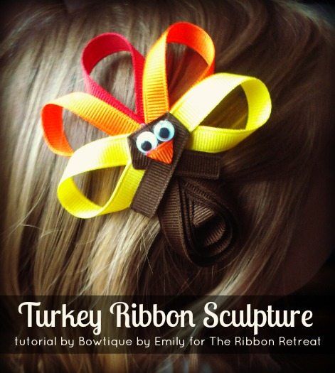 turkey-ribbon-sculpture-tutorial Hair Sculpture, Turkey Hair Bow, Turkey Bow, Sculpture Tutorial, Bow Business, Hair Bow Instructions, Headband Making, Ribbon Hair Clip, Ribbon Sculptures