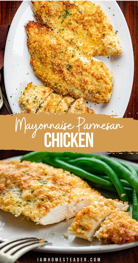 A white platter with three pieces of mayonnaise parmesan chicken and a metal plate with one piece of sliced mayonnaise parmesan chicken with green beans. Meal Rotation, Chicken Breast Recipes Baked, Chicken Breast Recipes Easy, Seasoned Chicken, Chicken Entrees, Easy Chicken Dinner Recipes, Chicken Tender Recipes, Parmesan Chicken, Chicken Dish