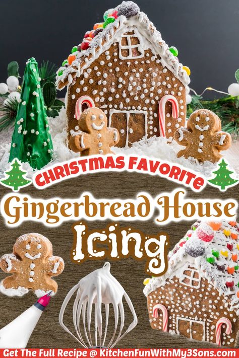 If you are building a gingerbread house for Christmas this year, then you have to try this recipe for Gingerbread House Icing. It holds the cookies together so well that you can make the best gingerbread house ever and have lots of fun while doing it! Royal Frosting For Gingerbread Houses, Gingerbread Recipes For House, Best Frosting For Gingerbread Houses, Gingerbread House Recipe Dough Easy, Frosting For Gingerbread House, Icing Recipe For Gingerbread House, Gingerbread House Icing Glue, Gingerbread Recipe For House, Ginger Bread House Recipe