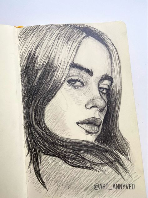 Easy Drawings With Pen, Drawing Ideas Faces Sketches, Billie Eilish Portrait Drawing, Billie Sketch, Billie Eilish Drawing Sketch, Face Drawings Sketches, Billie Eilish Drawing Easy, Portrait Sketches Simple, Sketch Celebrity