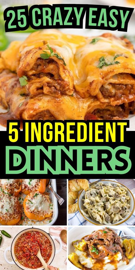 These easy dinners only have 5 ingredients or less. Make one of these five ingredient dinners when you want something simple and delicious. Easy Supper Ideas Cheap, Cheap Few Ingredient Dinners, Simple Clean Dinner Recipes, Good Fast Dinners Easy Recipes, Quick 4 Ingredient Meals, Simple Dinner Recipes Casserole, Meals With Few Ingredients Easy, Few Recipe Meals, Six Ingredient Recipes