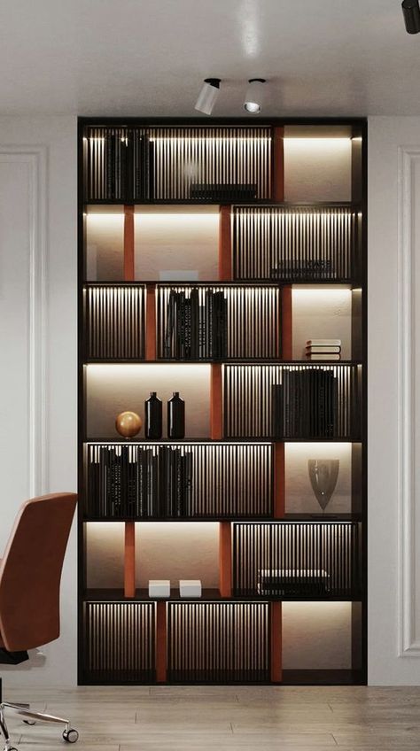 Modern Bookcase Design, Bookcase Decorating Ideas, Luxury Bookcase, Zimmer Diy, Dark Hallway, Bookcase Decor, Bookcase Design, Shelving Design, Modern Bookcase