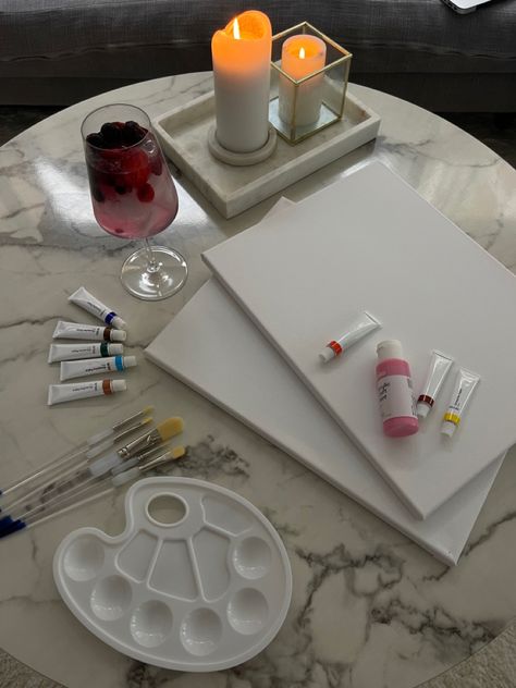 Couples Painting Date Night, 2024 Vision Board Painting, Night Activities Aesthetic, Couple Paint And Sip Ideas, Painting Night Aesthetic, Paint And Sip At Home Ideas, Paint Night With Friends, Self Care Dates Aesthetic, Solo Night In