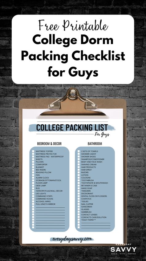 College Dorm Packing Checklist for Guys College Dorm Guys, Dorm Essentials List For Guys, College Dorm Checklist For Guys, Boy College Dorms, Toiletries List, Move In Checklist, Dorm List, Best College Dorms, Dorm Packing