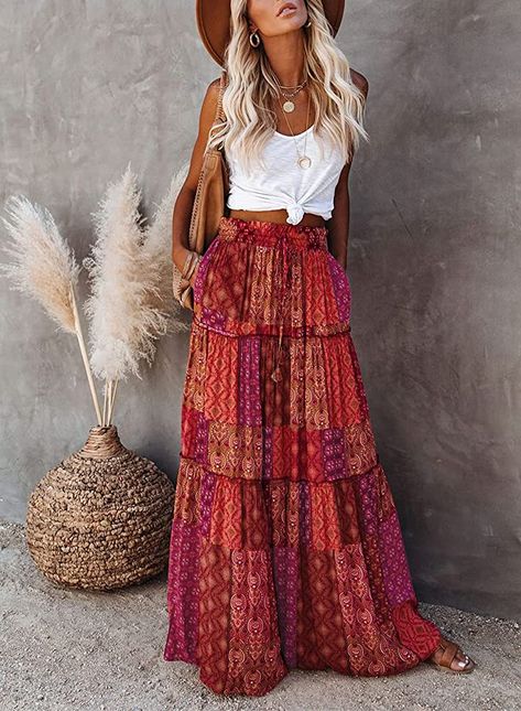 Boho Skirt Outfit, Flowy Skirt Outfit, Look Hippie Chic, Long Flowy Skirt, Moda Hippie, Look Boho Chic, Boho Chique, Boho Mode, Boho Summer Outfits